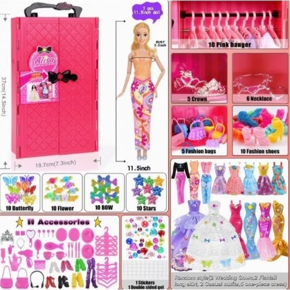 140 Piece Fashion Doll + Clothing Barbie Style Outfits Wardrobe Closet DYI Set